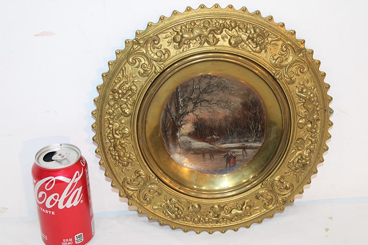 Heavy Victorian Hanging Brass Wall Plaque With Hand Painted Winter Scene (1 of 4)