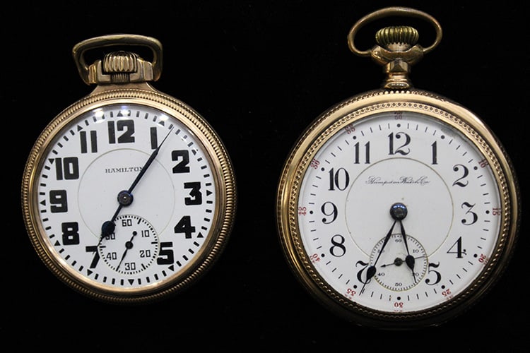 2 antique pocket watches (1) 23 jewel Dueber-Hampden 20 year warrantee. Running. (1) Hamilton 10k: 2 antique pocket watches (1) 23 jewel Dueber-Hampden 20 year warrantee. Running. (1) Hamilton 10k gold filled. Gold has wear on both (see photo). Springfield estate. Largest is appr. 3".