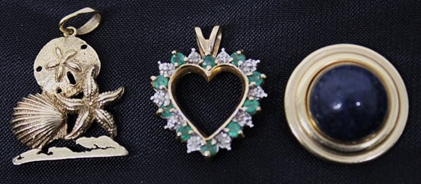 (3) 14k gold pendants including diamond and emerald heart. Carla with blue stone, solid 14k with (1 of 5)