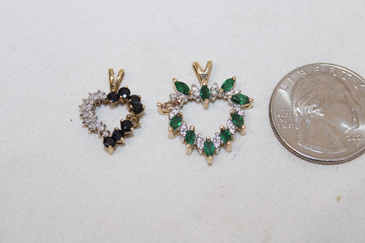 2 pendants with diamonds (1) 10k, (1) 14k, 14k ring, (2) 18k earrings. 2 pendants missing 1 stone (1 of 4)