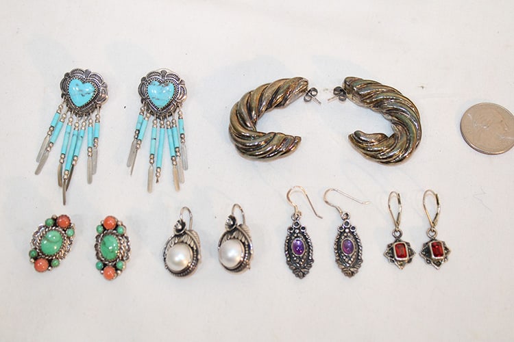 6 real nice sets of vintage sterling earrings. Some with gemstones, turquoise, etc. Richmond estate.: 6 real nice sets of vintage sterling earrings. Some with gemstones, turquoise, etc. Richmond estate.