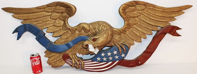 Large 45" hand carved Bellamy style eagle. Heavy 3-dimensional eagle with drapes stars and stripes.: Large 45" hand carved Bellamy style eagle. Heavy 3-dimensional eagle with drapes stars and stripes. Estate fresh.