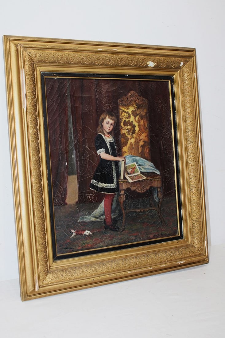 Well listed painting of a young girl by Mathilde Dietrichson 1883. Young girl with book and doll.: Well listed painting of a young girl by Mathilde Dietrichson 1883. Young girl with book and doll. Oil on canvas, has some crazing. Frame has some chipping. Size with frame is 22" wide, 26" tall.