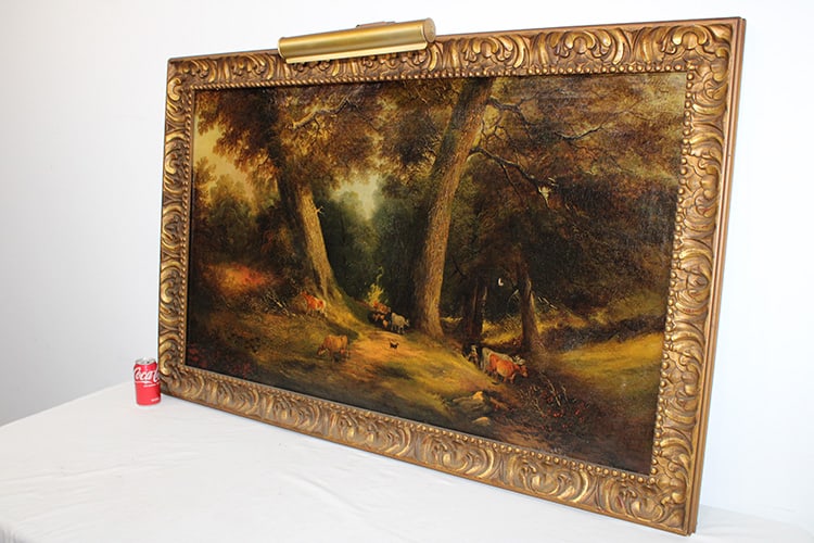 Large 19th C. painting of a woodland with sheep and cows signed Searby & Willis 1872 in a real nice: Large 19th C. painting of a woodland with sheep and cows signed Searby & Willis 1872 in a real nice frame. Looks to be original, has a small touch on the canvas (see photo). Estate fresh. Size with