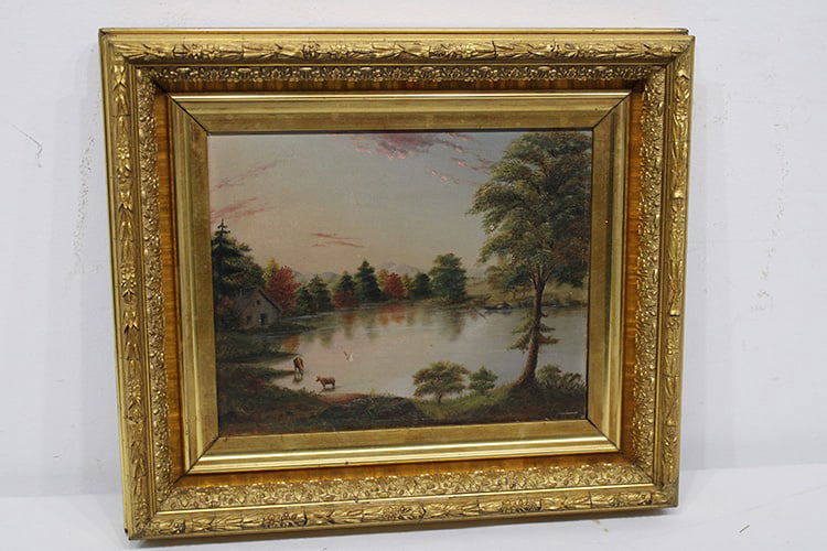 Oil on board of cows by the river. Nice fancy original gilded frame. Estate fresh, probably 19th C. (1 of 4)