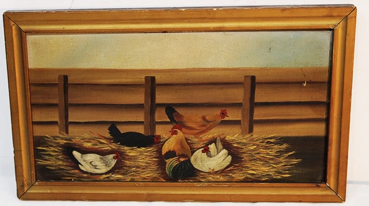 Cut 19th C. folky painting of chickens laying in the hay. Oil on canvas. Bracket dated 1885. 17" (1 of 5)
