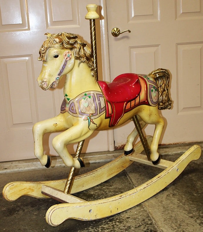 Fabulous hand carved wooden rocking carousel horse by S&S Woodcarvers 1984. Wonderfully carved with (1 of 9)