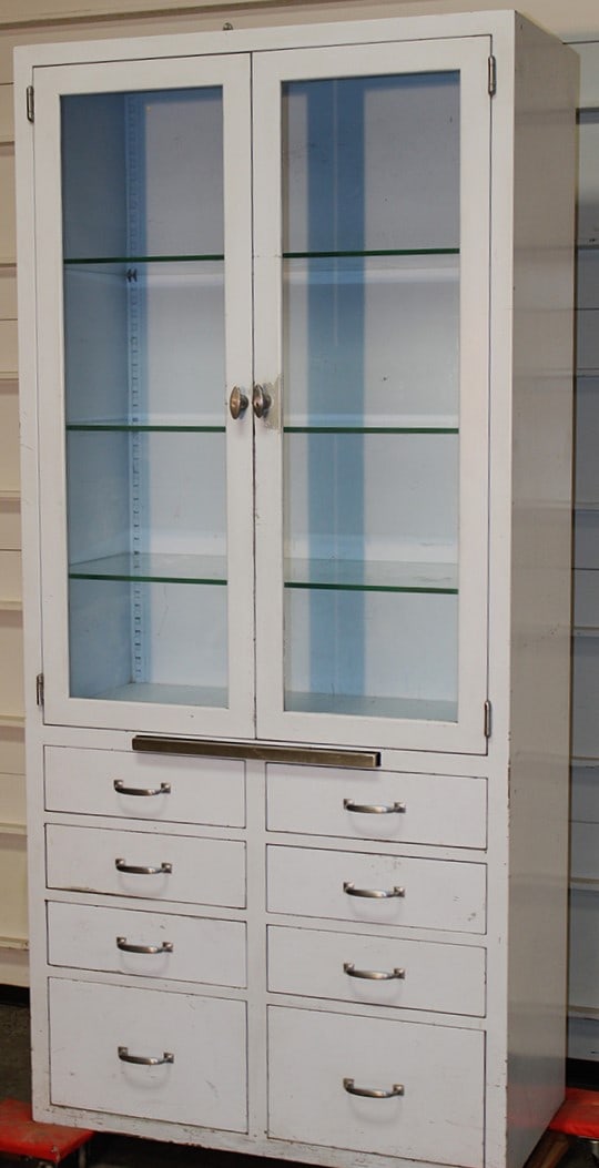 Quality vintage industrial metal medical cabinet. Adjustable glass shelves, pullout work surface, 8 (1 of 6)