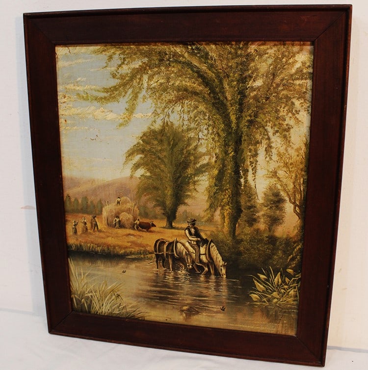 Well done 19th C. painting horse and farm working the field. Oil on canvas, horses drinking from the (1 of 4)