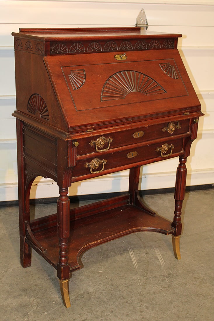 Sweet Victorian fan carved ladies drop front desk. Lion head pulls, fitted interior fan carved (1 of 5)