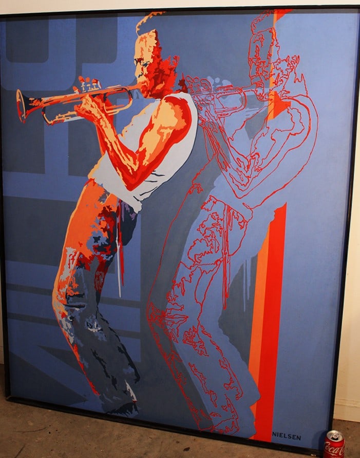Large artist signed painting on board of (Miles Davis jazz musician?) Fabulous colors, expressionist: Large artist signed painting on board of (Miles Davis jazz musician?) Fabulous colors, expressionist painting signed Nielson. Kinder look. Estate fresh. 48" wide, 56" tall.