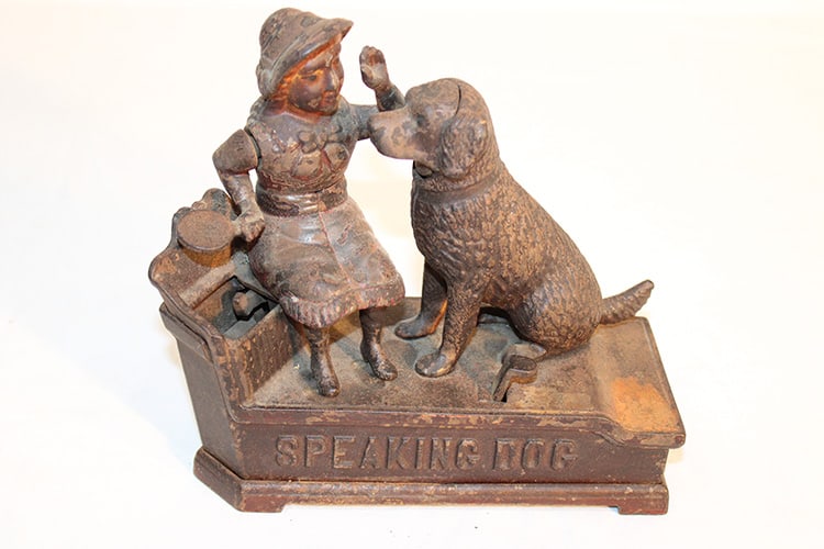1885 "Speaking Dog" mechanical bank in working condition. Her arm drops the coin, the dog's mouth (1 of 6)