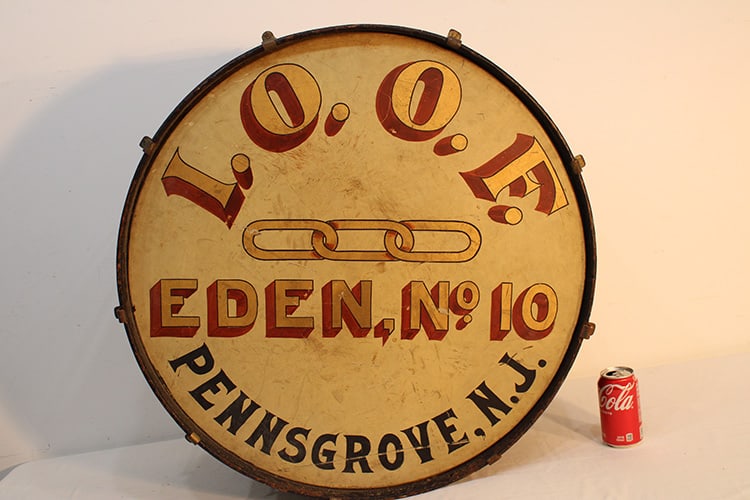 Antique field band snake drum from order of odd fellows. Estate fresh in nice condition. Penns Grove: Antique field band snake drum from order of odd fellows. Estate fresh in nice condition. Penns Grove NJ. Eden #10. 29" wide, 14" deep.