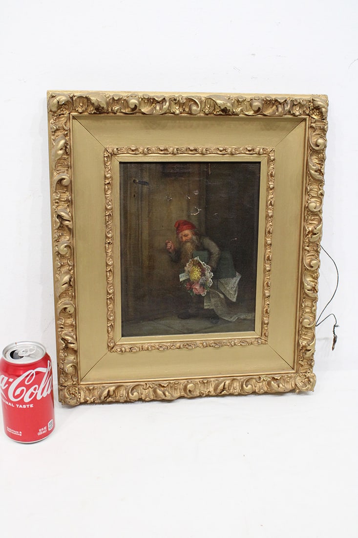 Early oil on canvas of a man carrying flowers and dropping his papers. Tag on the back says Wilde. (1 of 6)