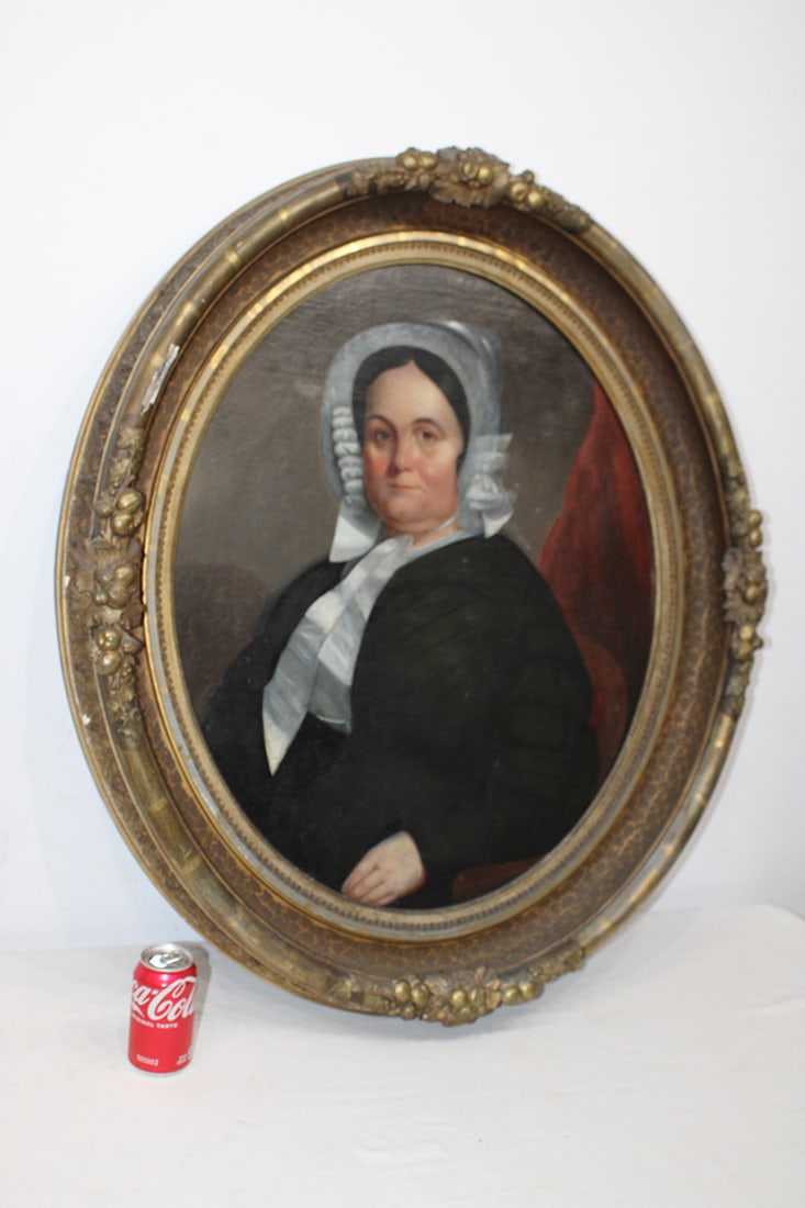 Large early 19th C. portrait of a well to do lady in a great gilded frame with clusters of fruit. (1 of 5)