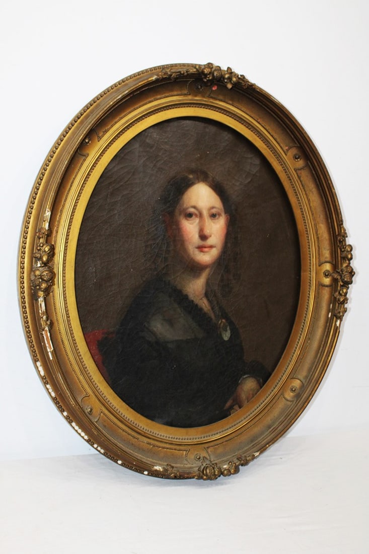Early 19th C. portrait of. Young lady labeled Samuel Sexton Schenectady NY. Estate fresh with nice: Early 19th C. portrait of. Young lady labeled Samuel Sexton Schenectady NY. Estate fresh with nice gilt frame with fruit. Some small chipping on the frame. Size with frame is 29" wide, 36" tall.