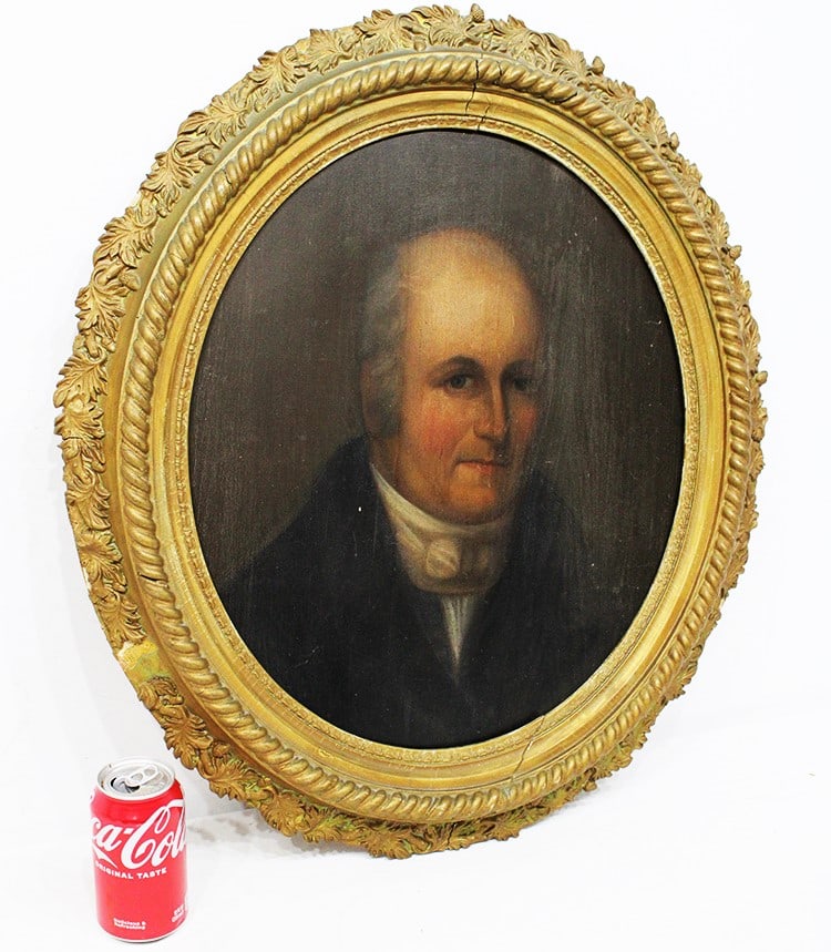 Early 19th C. portrait of a distinguished nobleman on a wooden panel in a 19th C. gilt frame. Estate: Early 19th C. portrait of a distinguished nobleman on a wooden panel in a 19th C. gilt frame. Estate fresh. Size with frame is 23" wide, 25" tall.