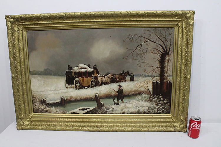 Large antique oil on canvas of a stage coach in the winter. Nicely done, has a conservators label on (1 of 8)
