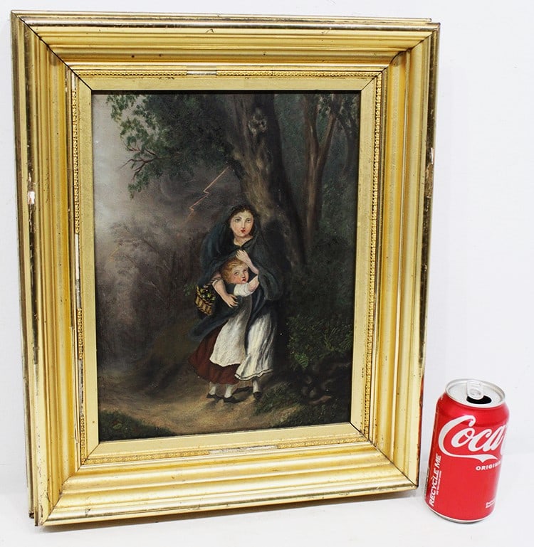 Antique oil painting of a mother and child. Looks to be protecting her from a lightning storm. Oil: Antique oil painting of a mother and child. Looks to be protecting her from a lightning storm. Oil on canvas in a nice gilt frame. Size with frame is appr. 14" wide, 17" tall.