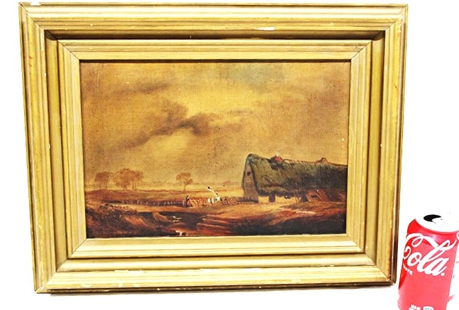 Oil on canvas of a farm scene probably 19th C. Original frame, has little paint loss on the frame (1 of 4)