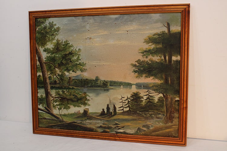 Early 19th C. painting depicting 3 Indians by the lake. Cooking over an open fire, boats and early (1 of 7)