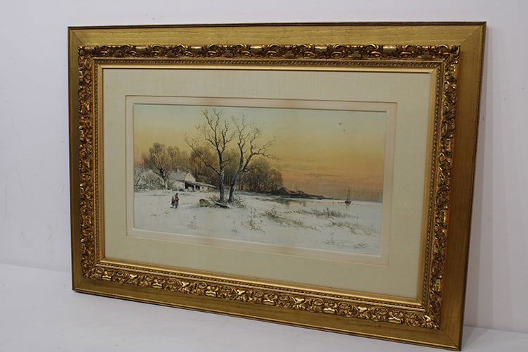 Exceptional watercolor of a winter farm scene by Carl Weber. Well listed artist professionally (1 of 5)