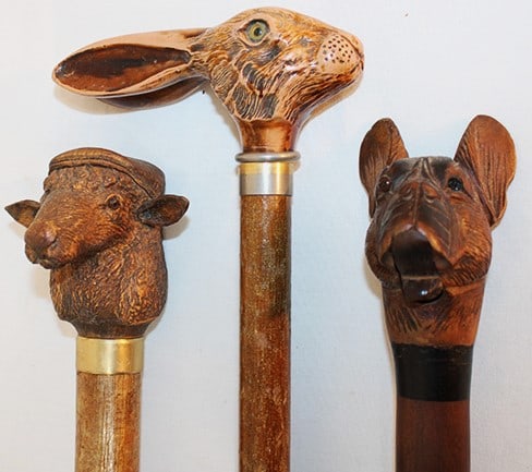 3 antique walking sticks including mechanical dogs head, rabbit and sheep. All with glass eyes, all: 3 antique walking sticks including mechanical dogs head, rabbit and sheep. All with glass eyes, all very unique. Estate fresh.