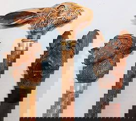 3 antique walking sticks including mechanical dogs head, rabbit and sheep. All with glass eyes, all: 3 antique walking sticks including mechanical dogs head, rabbit and sheep. All with glass eyes, all very unique. Estate fresh.