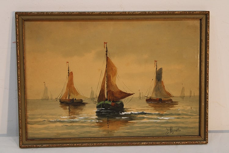 Watercolor of sailing ships signed J. Wynstra in the original frame. Nicely done in nice condition. (1 of 4)