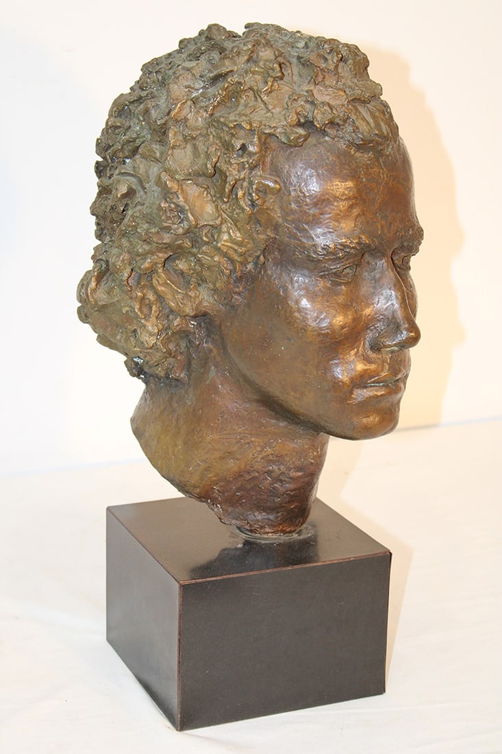 Large 19" bronze bust signed Silverman '74. Nice patina, brutalist style hair on wood base. Estate (1 of 5)