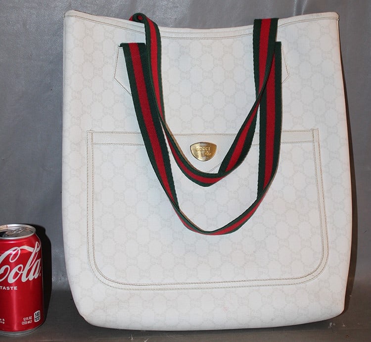 Vintage Gucci bag plus tote bag. Gucci plus Sherry line with green and red web straps. Real nice: Vintage Gucci bag plus tote bag. Gucci plus Sherry line with green and red web straps. Real nice condition, Richmond estate. Appr. 14" across.