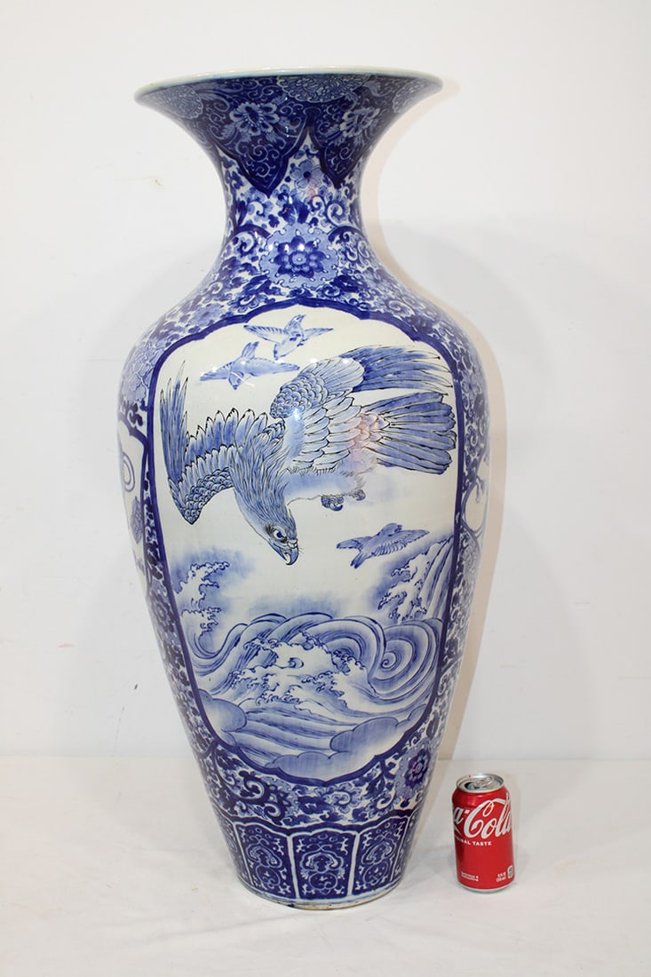 Huge 34" oriental porcelain floor vase in beautiful blue and white. Very heavy, possibly the Meiji: Huge 34" oriental porcelain floor vase in beautiful blue and white. Very heavy, possibly the Meiji period 1868-1912. Nice condition.
