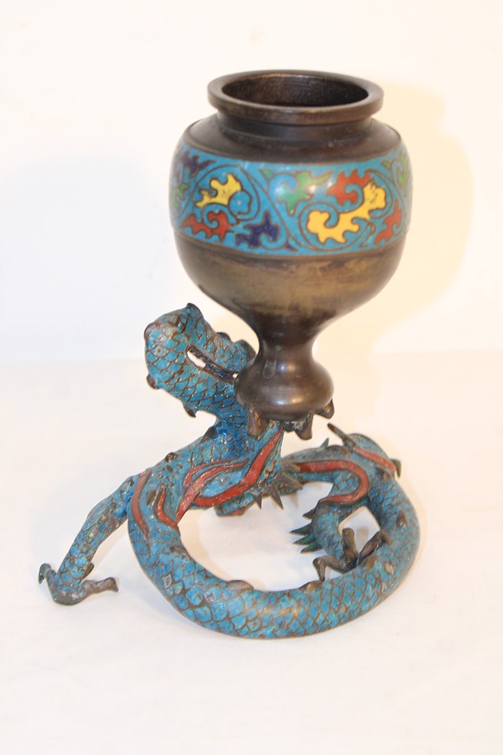 Antique bronze and cloisonne vase with dragon. Estate fresh. Missing the head pieces (see photo). 8": Antique bronze and cloisonne vase with dragon. Estate fresh. Missing the head pieces (see photo). 8" wide, 9" tall, 7" deep.
