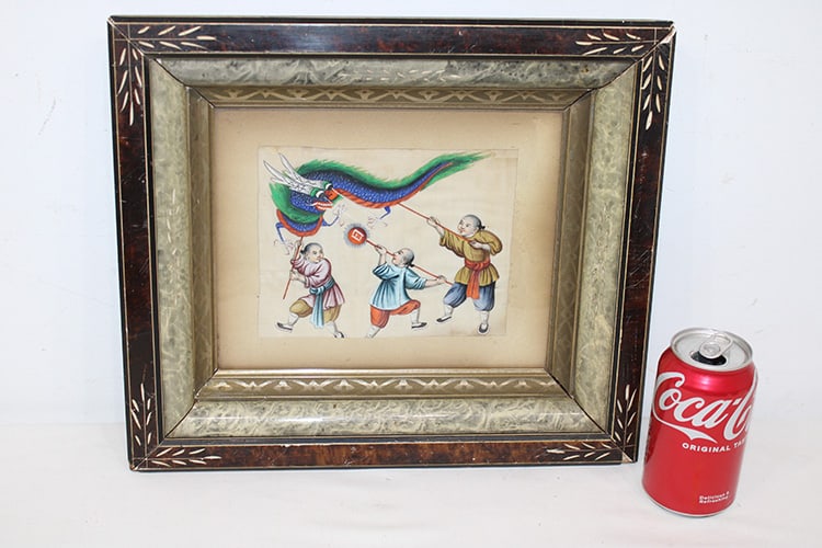 Antique Chinese painting 3 figure and dragon. Possibly on silk, well done. Estate fresh. Size with: Antique Chinese painting 3 figure and dragon. Possibly on silk, well done. Estate fresh. Size with frame 14.5" wide, 12.5" tall.