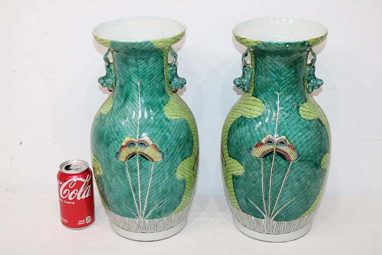 Pair of antique 15" Chinese Famille Verte vases. Estate fresh in nice condition. Dragon or dog: Pair of antique 15" Chinese Famille Verte vases. Estate fresh in nice condition. Dragon or dog handles.