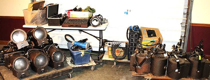 Fabulous vintage stage lighting system including 17 spot lights, 6 heavy duty tripods. Some smaller (1 of 9)