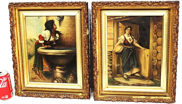 2 antique estate fresh paintings - 1 after Lion Bonnat. Roman girl at a fountain, hand painted on (1 of 8)