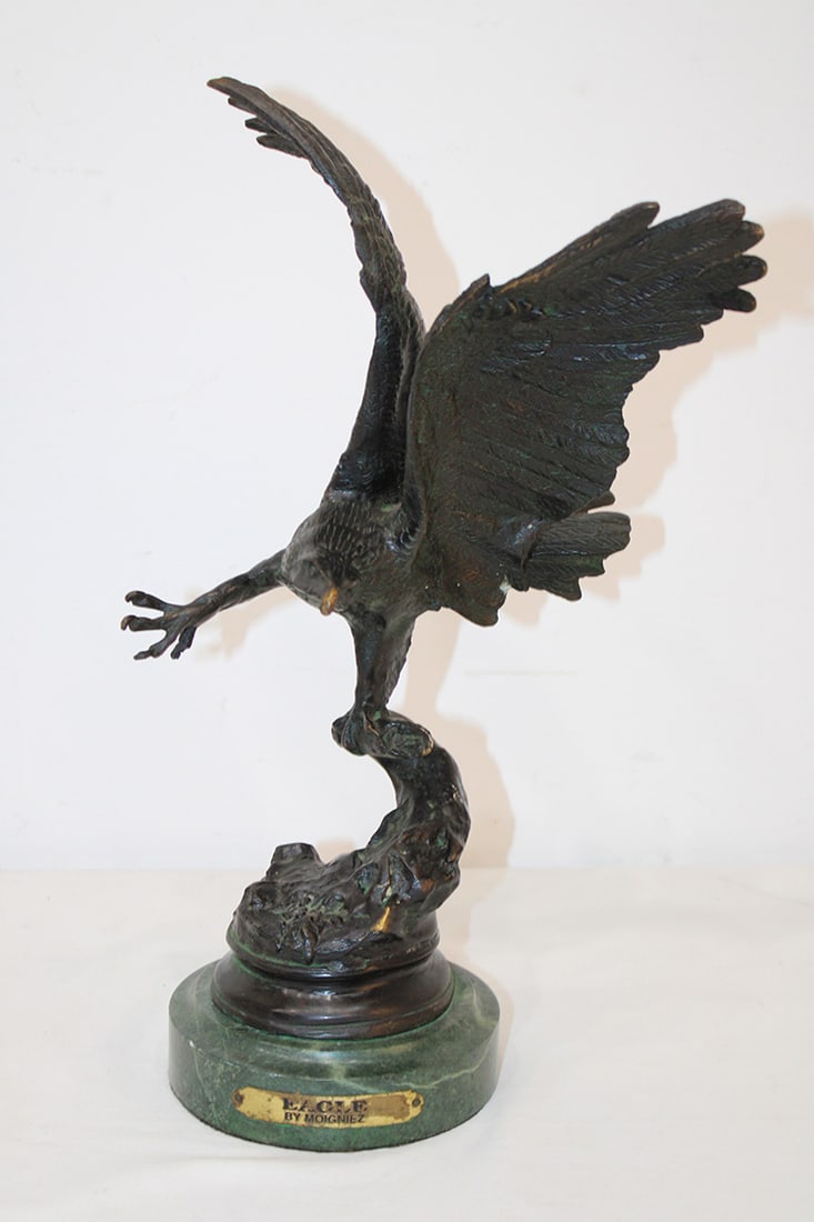 Signed J. Moigniez bronze eagle with a green marble base. Nice patina. Estate fresh in good (1 of 7)