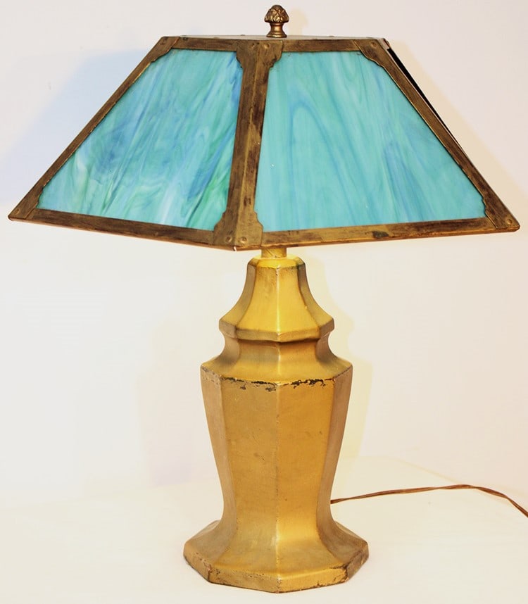 Antique Mission style table lamp with pretty greenish blue panels and large base. Nice condition. (1 of 4)
