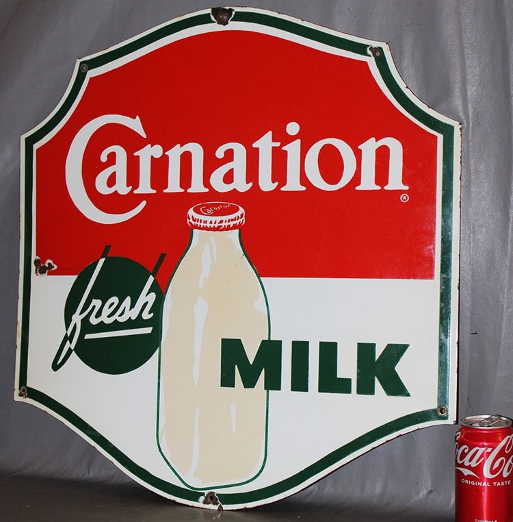 Real nice 1940s Carnation fresh milk porcelain sign. Couple of small chips (see photos). Nice (1 of 5)