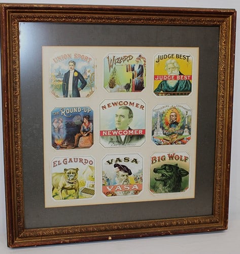 9 early cigar advertising labels nicely framed. Estate fresh in nice condition. Size with frame is (1 of 5)