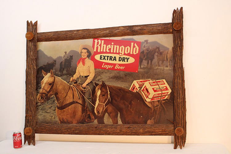 Large vintage Rheingold Beer Adirondack advertising sign. Rustic tree bark frame, nice color and (1 of 6)