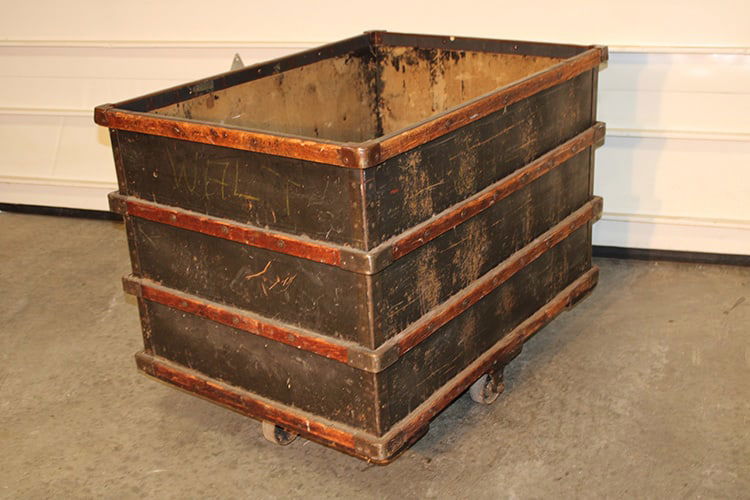 Great early 1900s industrial cart. Wood slat side, 4 large iron wheels (2 that swivel) rolls. Real - 2
