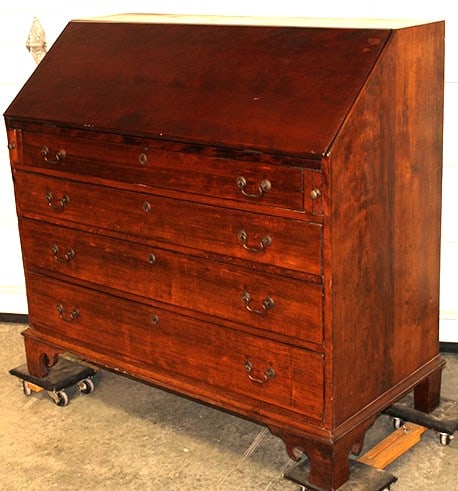 Early drop front Chippendale desk. Good functioning desk with a fitted interior. Looks to have a new: Early drop front Chippendale desk. Good functioning desk with a fitted interior. Looks to have a new lid and bottom of a drawer. 46" wide, 43" tall, 21" deep.