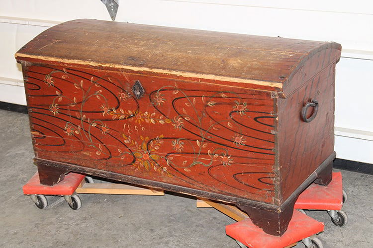 Period painted dome top trunk. Nice early hinges and handles. Probably early 19th C. Feet were added: Period painted dome top trunk. Nice early hinges and handles. Probably early 19th C. Feet were added on at a later time (can be easily removed). Stockbridge estate. 36" wide, 19" tall, 17" deep.