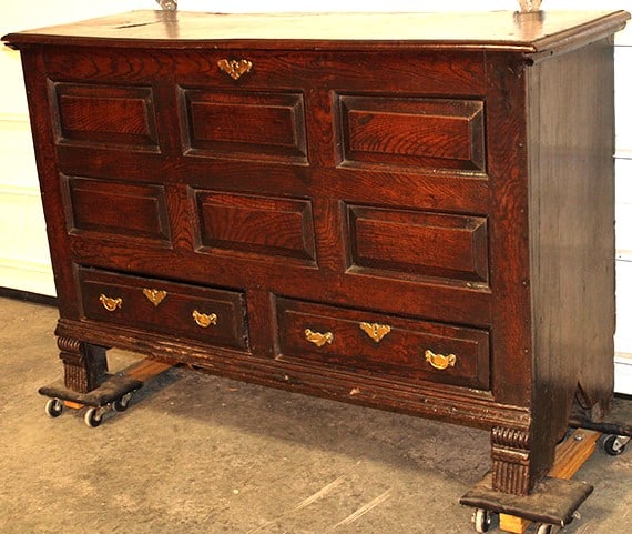 18th C. raised panel oak and walnut mule chest. Massive 20" walnut back and bottom boards nice.: 18th C. raised panel oak and walnut mule chest. Massive 20" walnut back and bottom boards nice. Bootjack ends, 2 drawers. Estate fresh in nice condition. 58" wide, 38" tall, 20" deep.