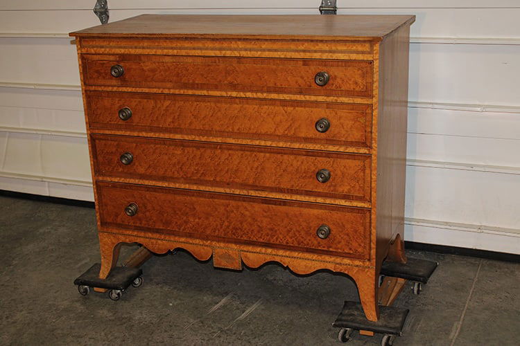 Wonderful period inlaid and curly maple Sheraton chest. Diamond inlaid top splay legs, graduated: Wonderful period inlaid and curly maple Sheraton chest. Diamond inlaid top splay legs, graduated drawers and wide board backs. Top has some marks (see photo). Stockbridge estate. 46" wide, 39" tall,
