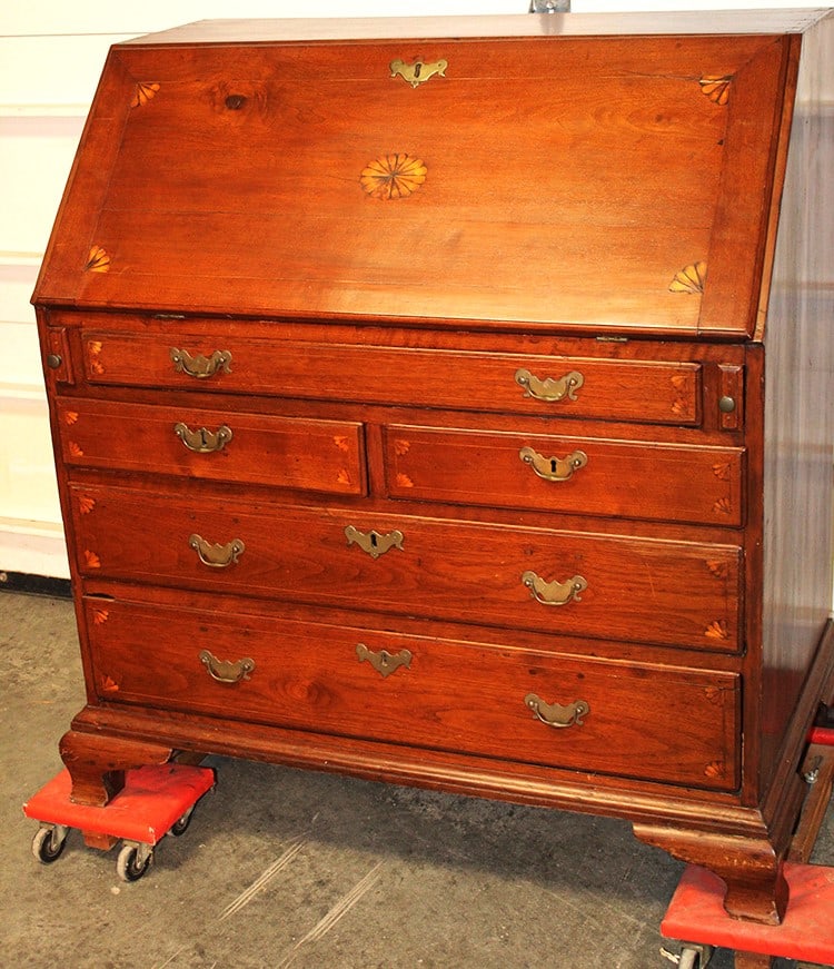 Wonderful period walnut drop front desk with fan inlay. Dovetailed case, original O.G. bracket base (1 of 12)
