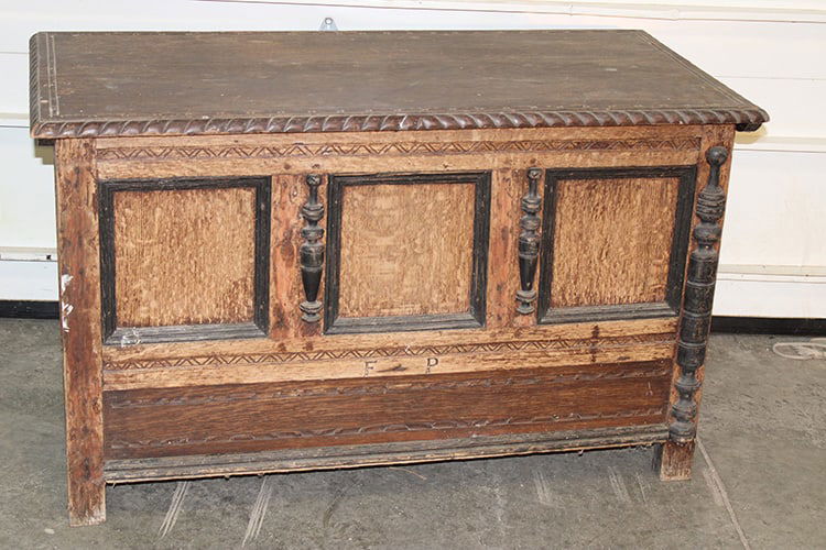 Essex county style chest from Francesca Gilder Palmer stamped F.P. on the front. Came from the 4: Essex county style chest from Francesca Gilder Palmer stamped F.P. on the front. Came from the 4 Brooks Farm in Tyringham MA. Wife of the infamous Walter Walker Palmer, mother of Gilder Palmer.