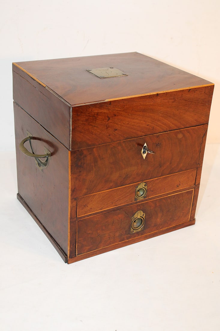 Inlaid 19th C. traveling lift top document box. Has the original key, has a brass plaque with a (1 of 7)